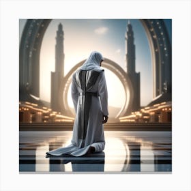 A 3d Dslr Photography Muslim Wearing Futuristic Digital Suit , Praying Towards Makkah Standing Tall Award Winning Photography From The Year 8045(1) Canvas Print