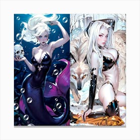 Mermaid And Wolf Canvas Print