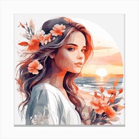 Girl With Flowers At Sunset Canvas Print