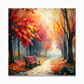 Tranquil Autumn Path with Red Bench - Beautiful Watercolor Art for Seasonal Wall Decor Canvas Print