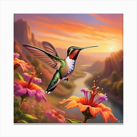 A Ruby Throated Hummingbird Wings In High Speed Motion Hovers Above A Vibrant Array Of Bewildering 413054471 Canvas Print