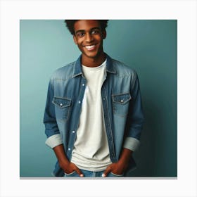 A handsome young African-American man with a bright smile and a stylish afro wearing a denim shirt and jeans, standing against a blue background Canvas Print