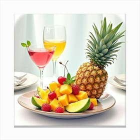 Watercolor Image Of A Fruit Salad With Pineapple And Mango On A Chic Restaurant Table Canvas Print