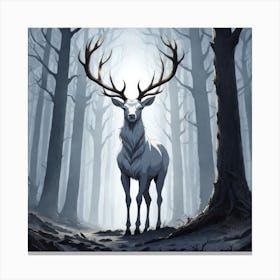 A White Stag In A Fog Forest In Minimalist Style Square Composition 62 Canvas Print