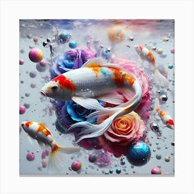 Koi Fish And Roses Underwater Color Illustration Canvas Print