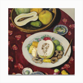 Chinese Oil Paintings With Fruit And Vegetables In A Plate In Top Of A Table 2 Canvas Print