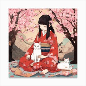 Japanese Girl With Cat Art Print 2 Canvas Print
