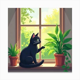 Cat And Plant Trouble Art Print Funny Cat (2) Canvas Print