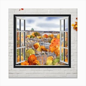 Open Window Window View Of Dublin Ireland In Autumn Fall, Watercolor Art Print Canvas Print