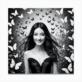 Black And White Portrait Of Beautiful Woman With Butterflies Canvas Print