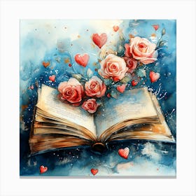 Watercolor Romantic Book Roses Hearts 4 Canvas Print