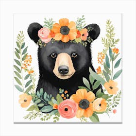 Floral Baby Black Bear Nursery Illustration (32) Canvas Print