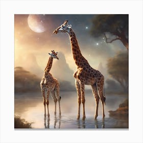 Giraffes In The Water Canvas Print