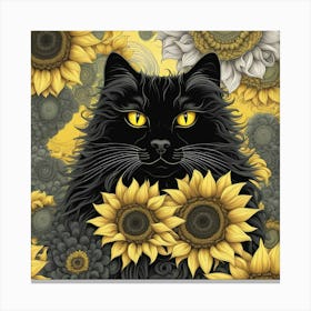 Black Cat With Sunflowers Canvas Print