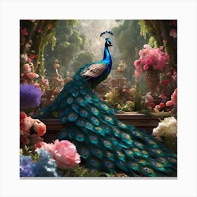 Peacock in pink flowers Canvas Print