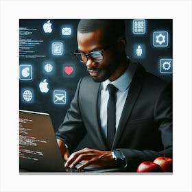 Businessman Using Laptop With Icons Canvas Print