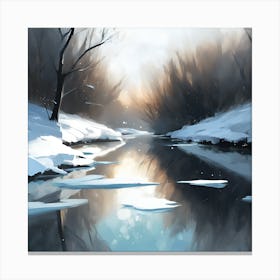 Winter Woodland Landscape, River Reflections 3 Canvas Print