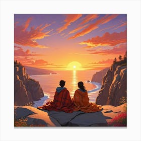 Ocean Sunset Beach With Couple Art Print (1) Canvas Print