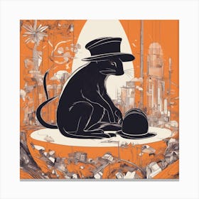 A Silhouette Of A Mouse Wearing A Black Hat And Laying On Her Back On A Orange Screen, In The Style (2) Canvas Print