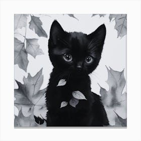 Black and White Black Kitten In Autumn Leaves Canvas Print