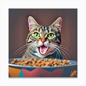 Craiyon 142504 Tabby White Bellied Cat With Big Smile Behind Large Bowl Of Kibble Canvas Print