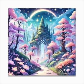 A Fantasy Forest With Twinkling Stars In Pastel Tone Square Composition 14 Canvas Print