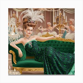 Decadent Young Woman After The Dance With Cats Green Sofa (2) Canvas Print