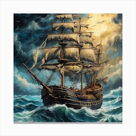 Pirate Ship In Stormy Sea Canvas Print