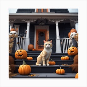 Halloween Cat In Front Of House 22 Canvas Print