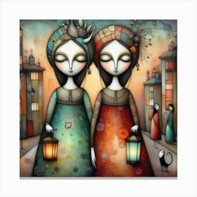 Two Girls With Lanterns 1 Canvas Print