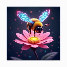 A Whimsical Bee With Wings Of Glowing, Neon Patterns Hovering Over A Dreamlike Flower Canvas Print