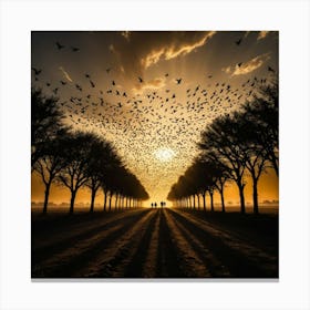 Thousands of Birds Flying Across the Golden Horizon, Their Shadows Stretching to the Ground Below Canvas Print