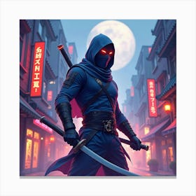 Ninja Fighter In A Watercolor City With Neon And Mystical Aura 1 Canvas Print