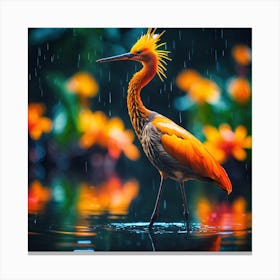 Orange Crested Wading Bird with Exotic Flowers of the Jungle Canvas Print