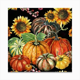 Autumn harvest of pumpkins, berries and sunflowers Colorful pumpkins and pumpkin harvest 1 Canvas Print