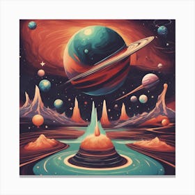 A Retro Style Planets Space, With Colorful Exhaust Flames And Stars In The Background Canvas Print