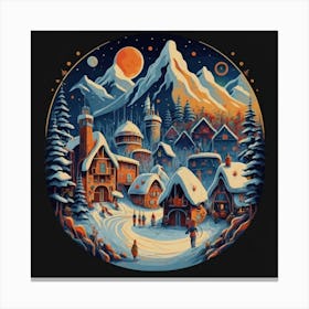 Abstract painting of a mountain village with snow falling 27 Canvas Print