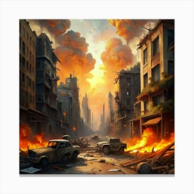 Post Apocalyptic Cityscape With Burning Cars Canvas Print