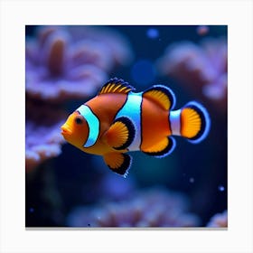 A Clownfish With Shimmering, Glowing Stripes, Swimming Through A Neon Coral Reef Canvas Print