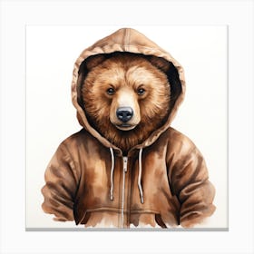 Watercolour Cartoon Grizzly Bear In A Hoodie 3 Canvas Print