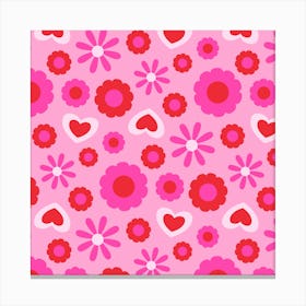 CHARMING Valentines Friendship Feminine Love Hearts Flowers in Pink and Red Canvas Print