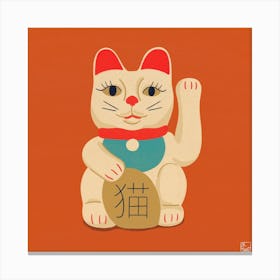 Maneki Neko Cat On Orange Square Canvas Print