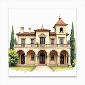 Watercolor Art Of A Historic Spanish Building With Elegant Arches Canvas Print