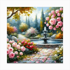 Roses In The Garden With The Fountain, Acrylic Style Painting 2 Canvas Print