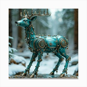 Whimsical Teal Hued Robotic Deer Composed Of Ceramic And Metal With Robot Like Features Frolicking I 2 Canvas Print