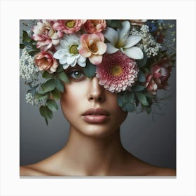 Flower Bouquet On A Woman'S Head Canvas Print