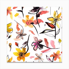 Ink Flowers Yellow Square Canvas Print