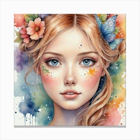 Watercolor Girl With Butterflies 1 Canvas Print