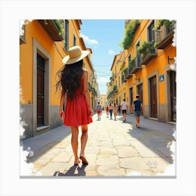 Spanish Girl In A Lively Street Scene, Watercolor With Energetic Brushstrokes 1 Canvas Print