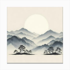 Asian Landscape Painting Sunset Sunrise Sun Canvas Print